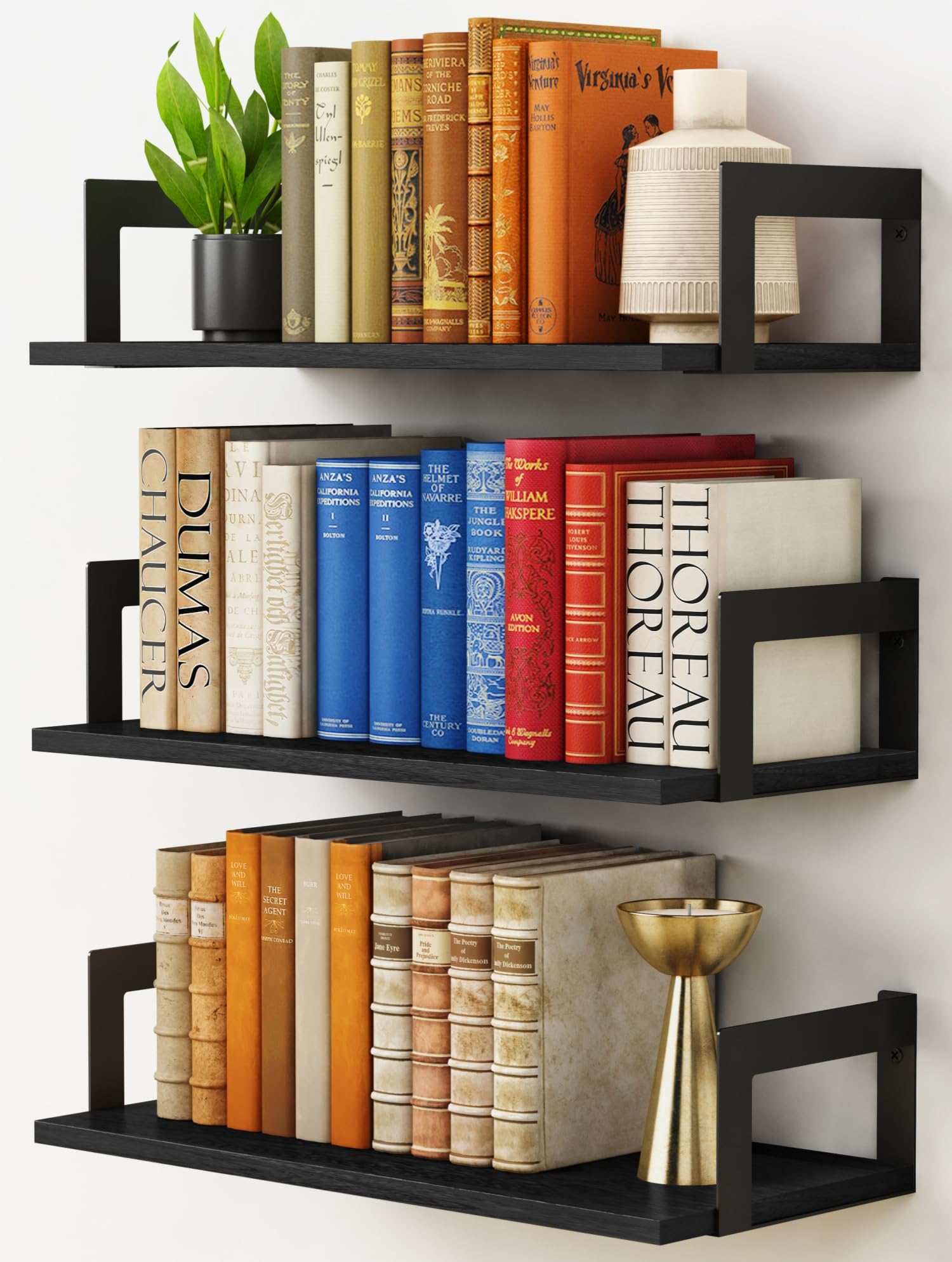 Harwaya black wall-mounted bookshelf trio displaying compact book and plant storage.
