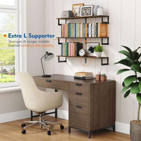 Harwaya set of 3 wall shelves holds books, plants, and photos with space efficiency.