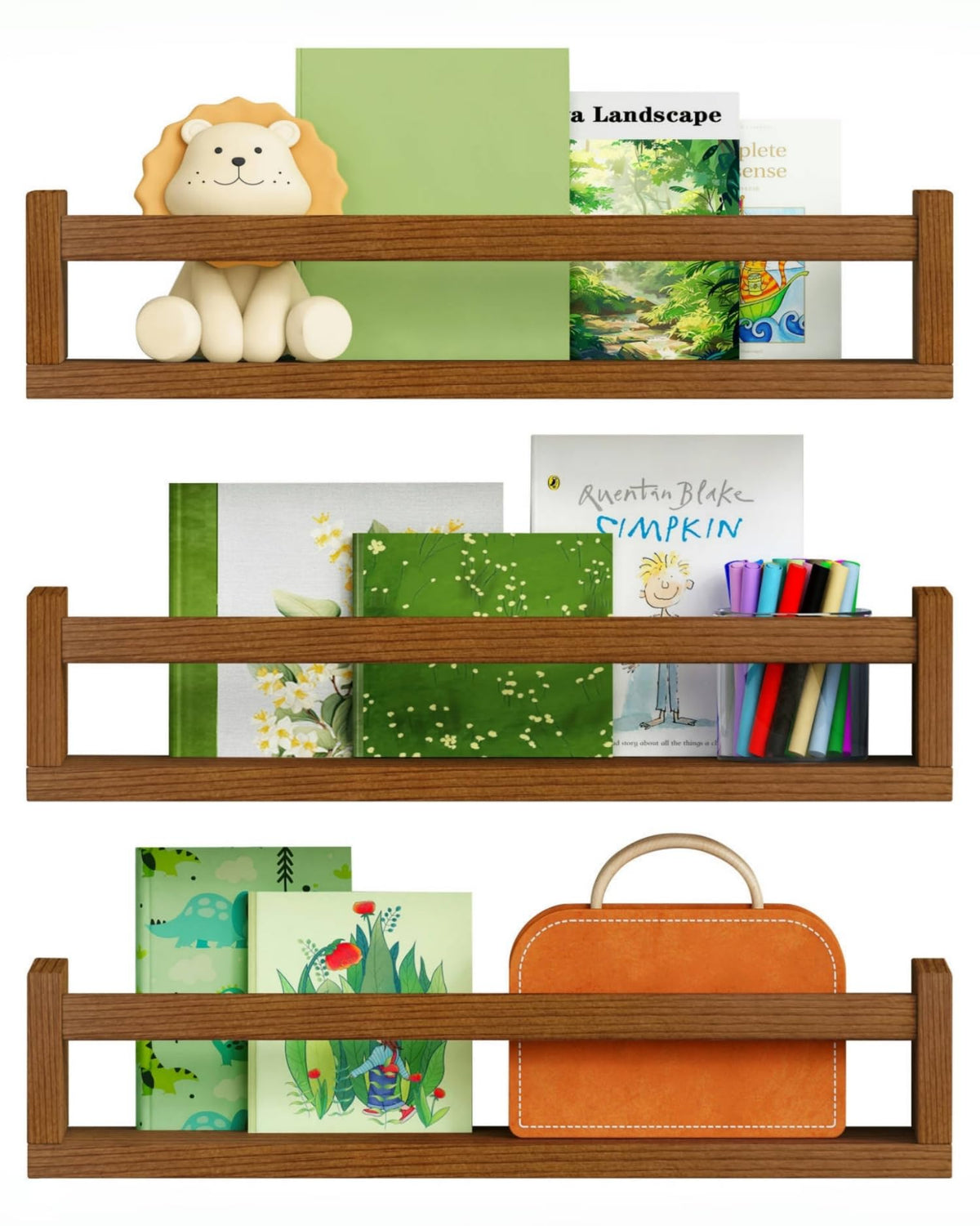 Harwaya walnut-brown nursery shelves mounted on wall for clutter-free storage
