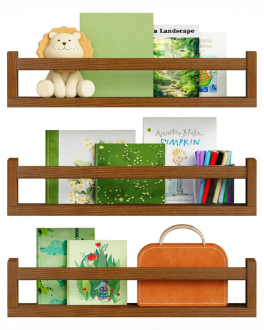 Harwaya walnut-brown nursery shelves mounted on wall for clutter-free storage