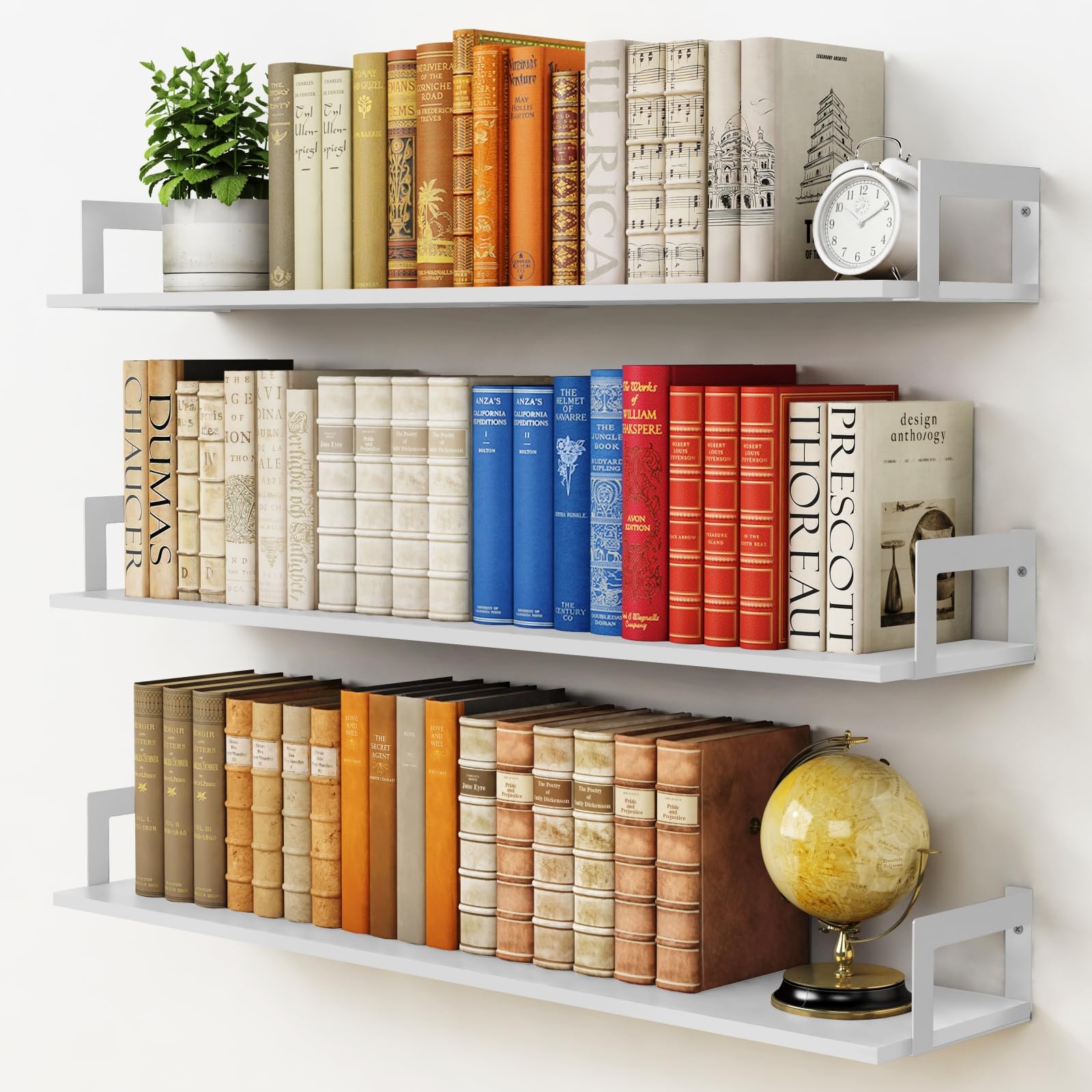 Harwaya white floating shelves 36-inch wall-mount setup for organized books and plants.