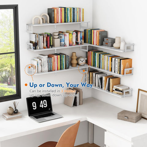 Harwaya white shelving with metal brackets adds durable display in any room.