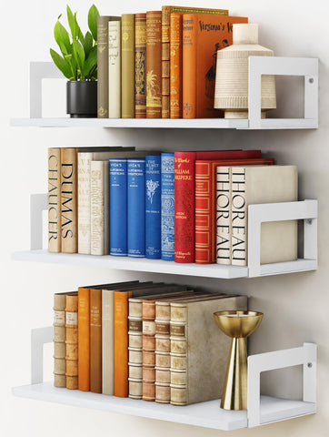 Harwaya white wall bookshelf trio mounted in kids room for compact book and decor storage.
