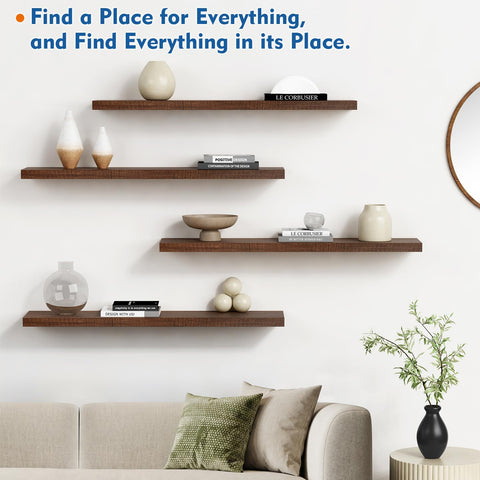 Harwaya woodgrain display shelves showcase books, plants, and artwork with elegant knots