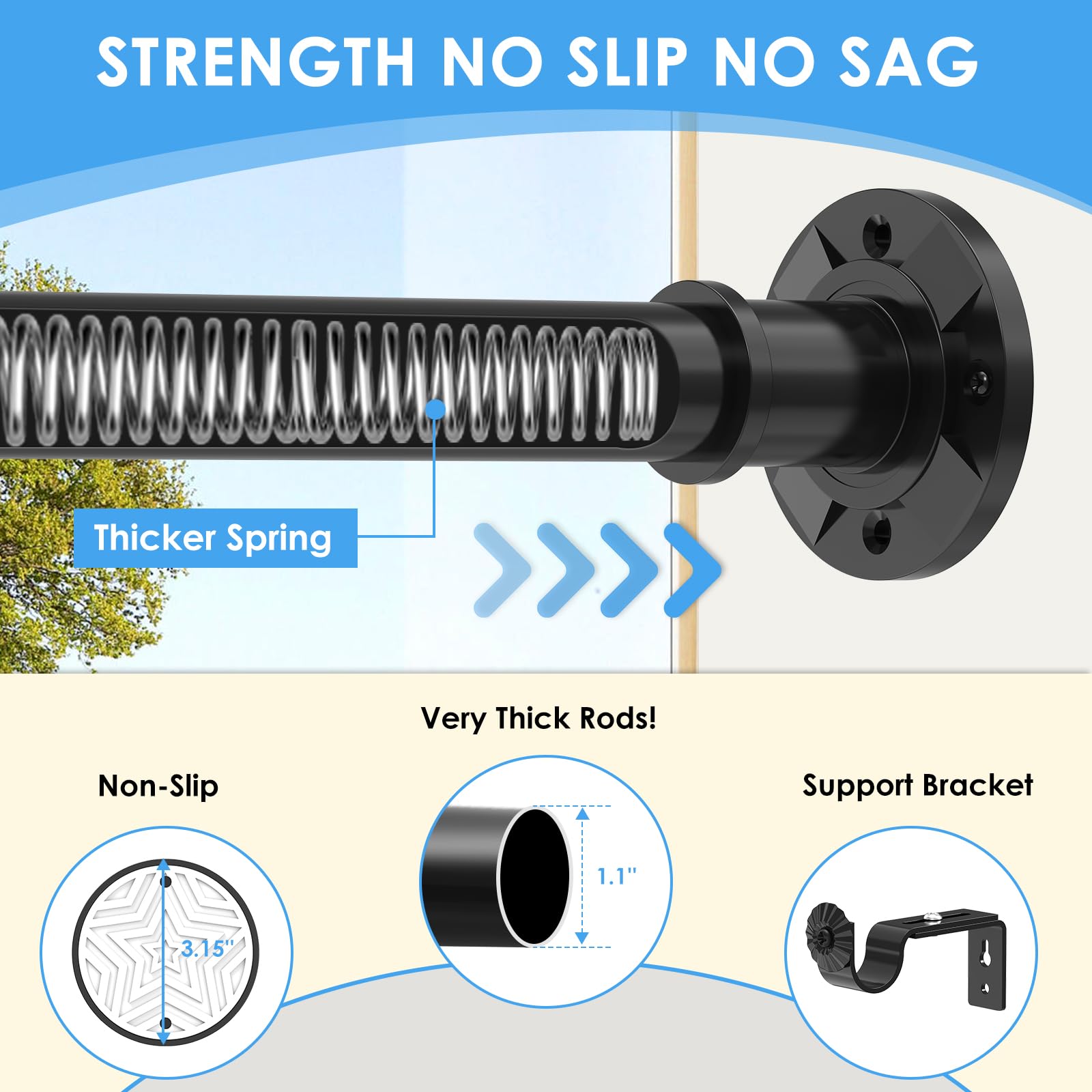 Haryaers heavy-duty curtain rod ends with non-slip rubber pads for stable installation.