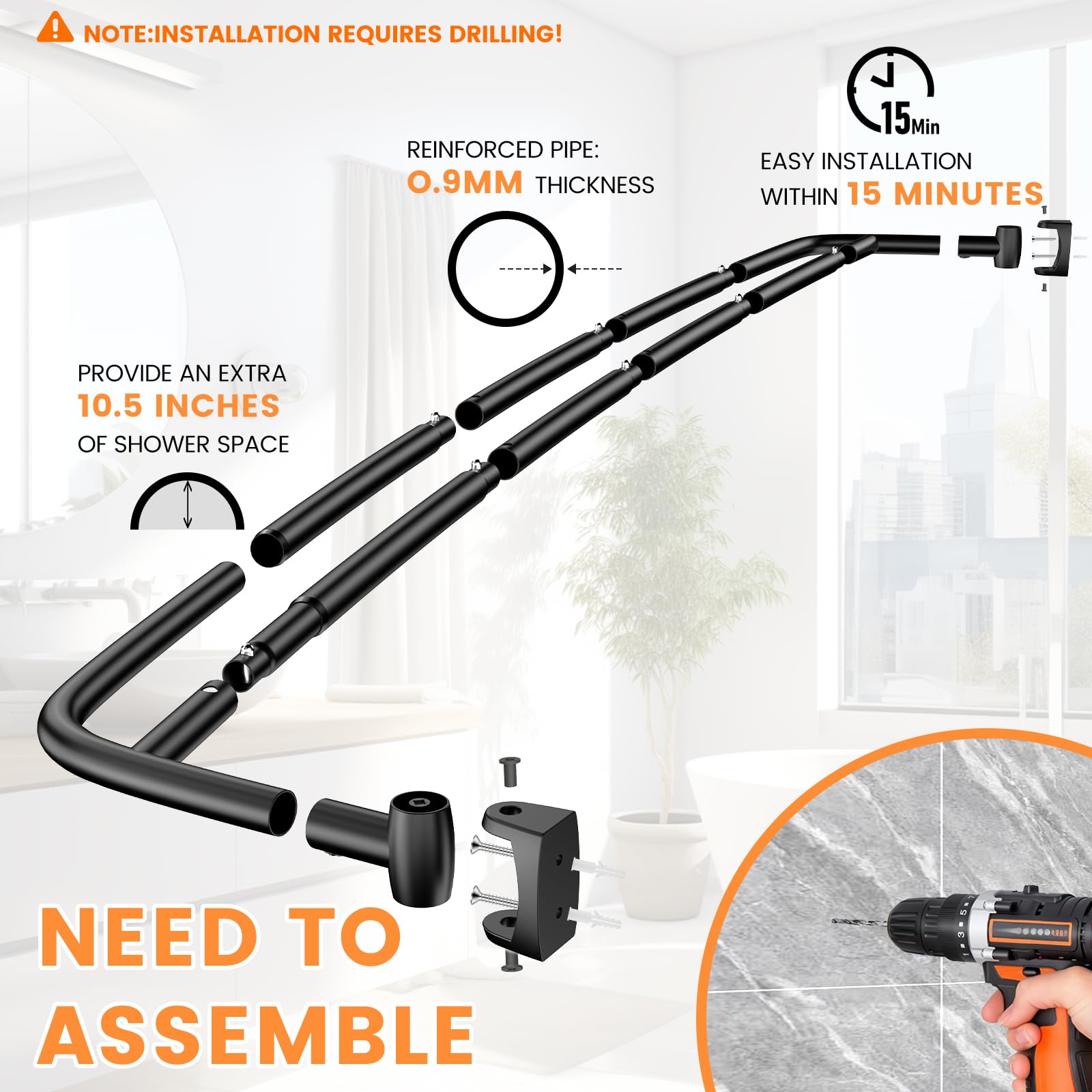 Haryaers rust-resistant bathroom rod supports heavy towels and thick curtains.