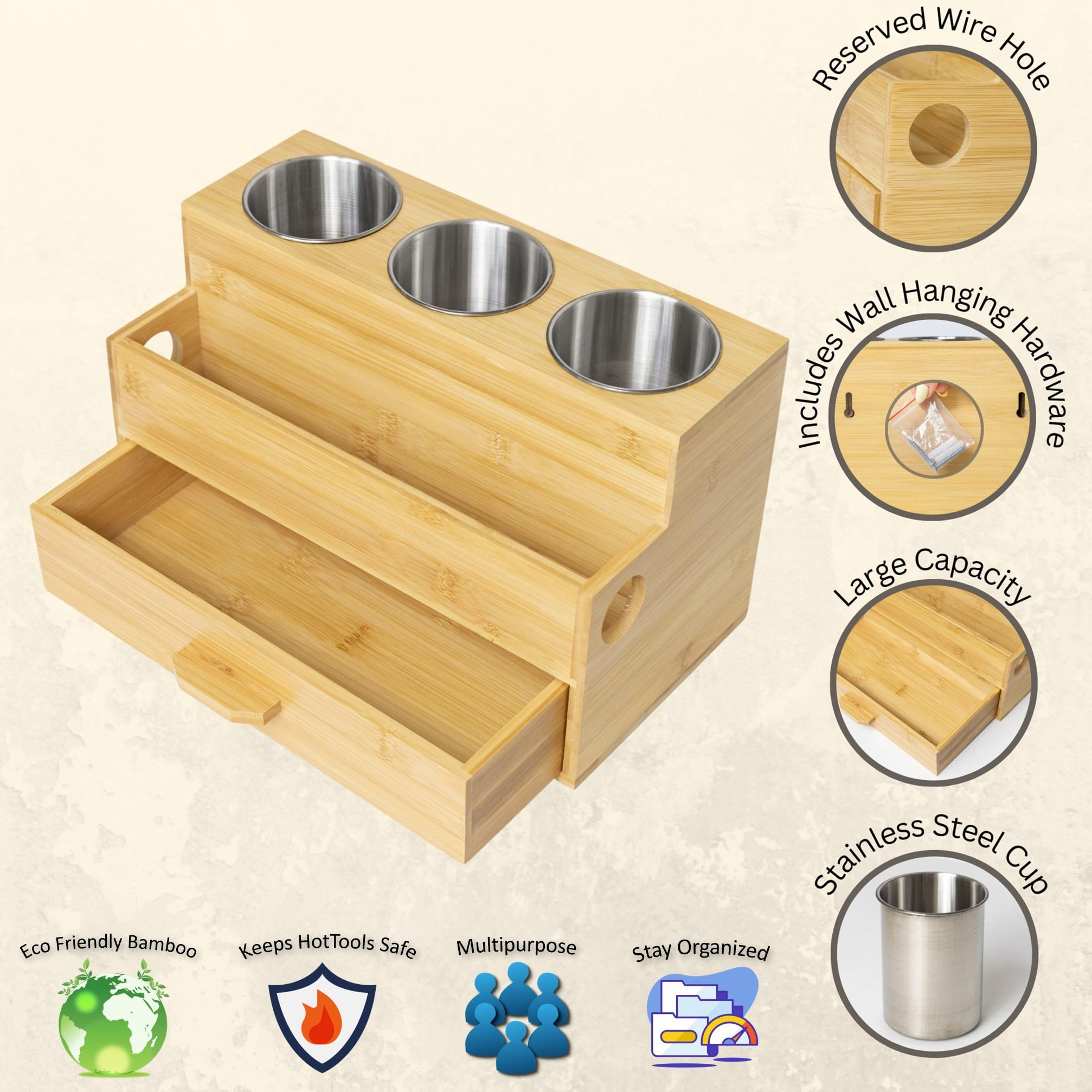 Harzen Brothers organizer with drawer provides extra storage for small items.