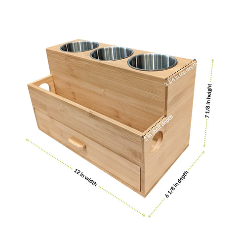 Harzen Brothers organizer filled with makeup and brushes for a streamlined vanity.