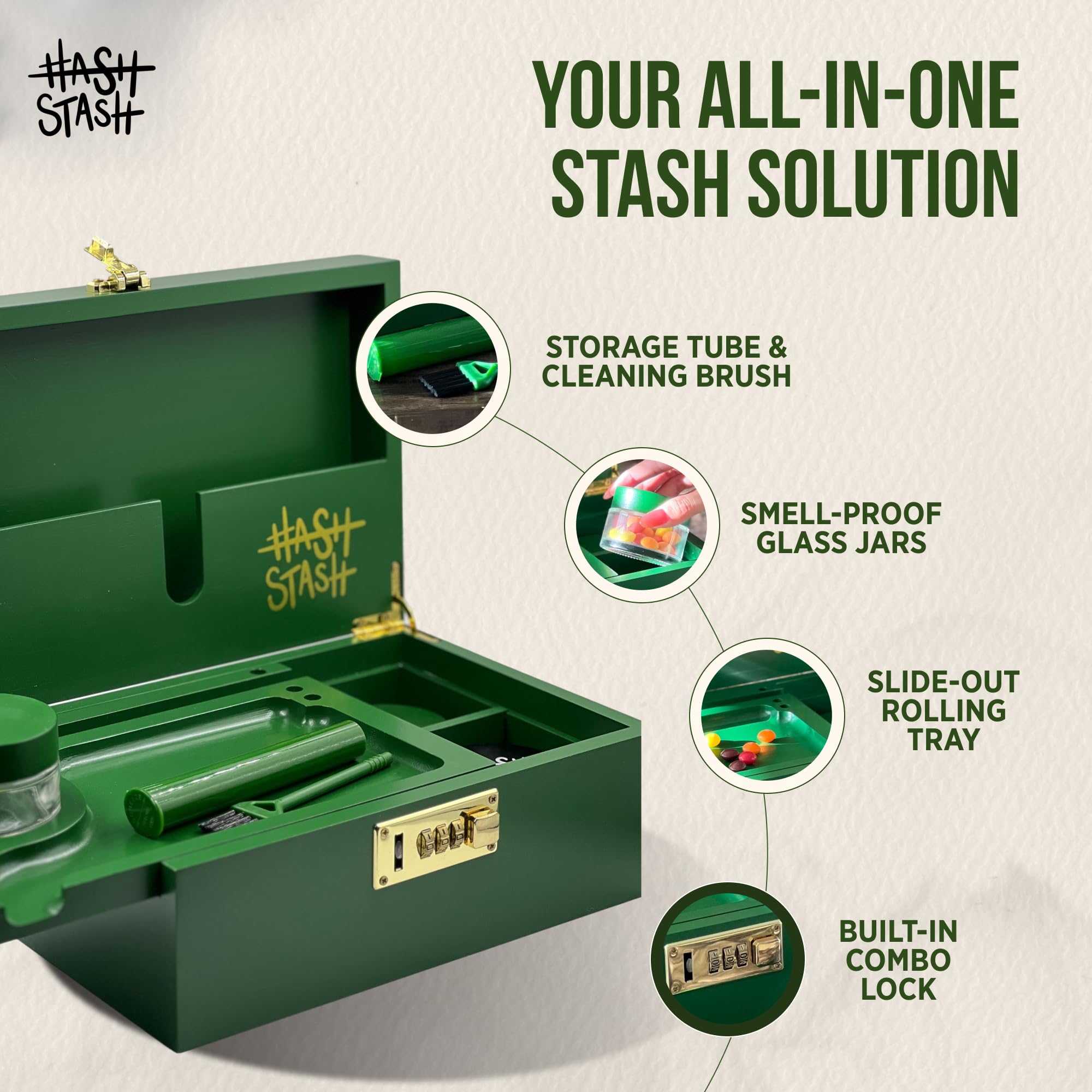 HASHSTASH OG Stash Box lid open shows accessible compartments and interior layout.