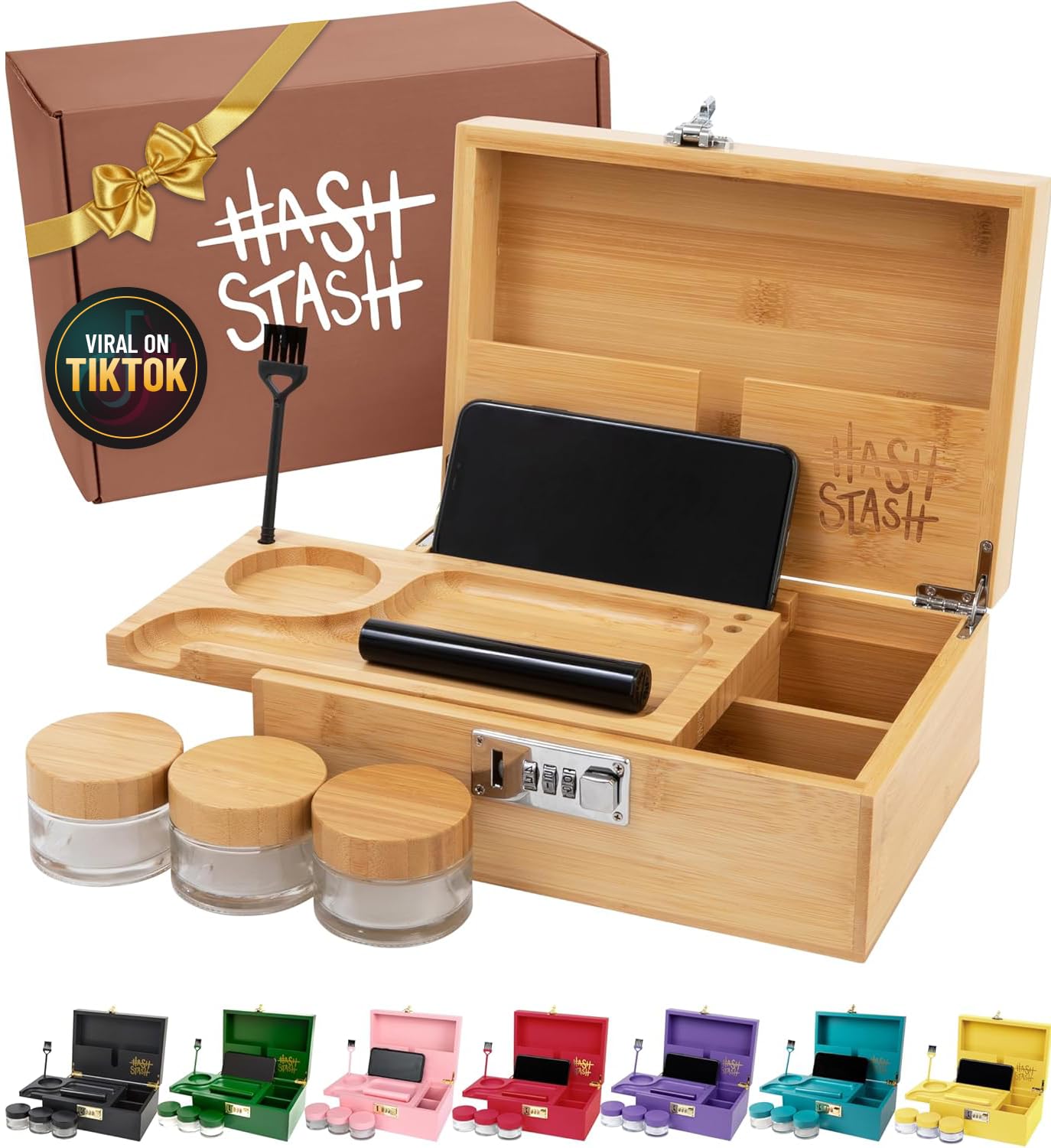HASHSTASH The OG Storage Box front view with bamboo finish and secure locking lid.