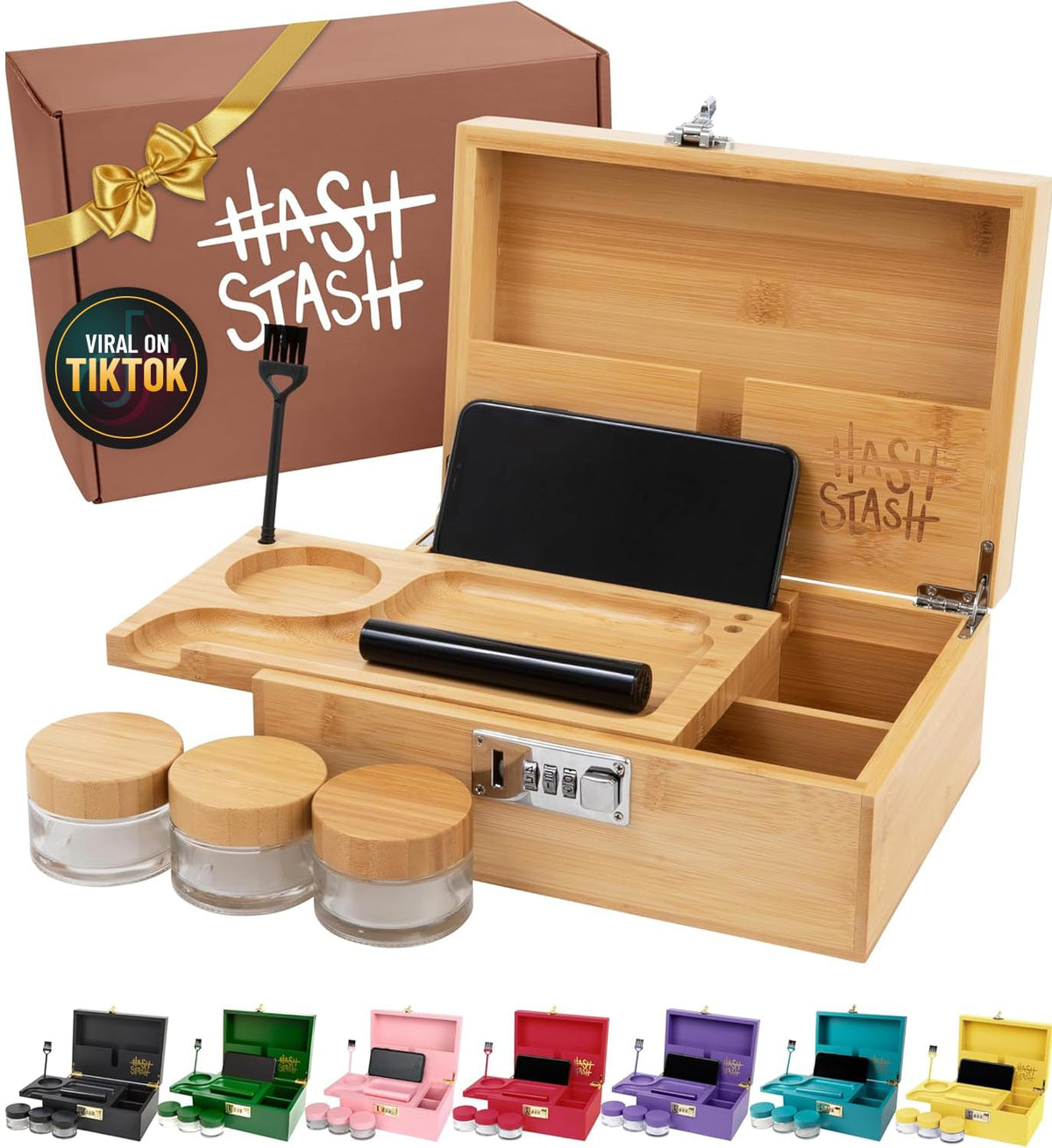 HASHSTASH The OG Storage Box front view with bamboo finish and secure locking lid.