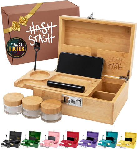 HASHSTASH The OG Storage Box front view with bamboo finish and secure locking lid.