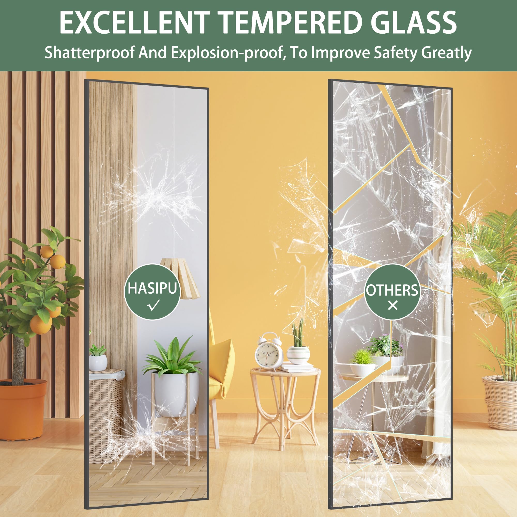 Hasipu black aluminum-frame mirror adds modern style and depth.