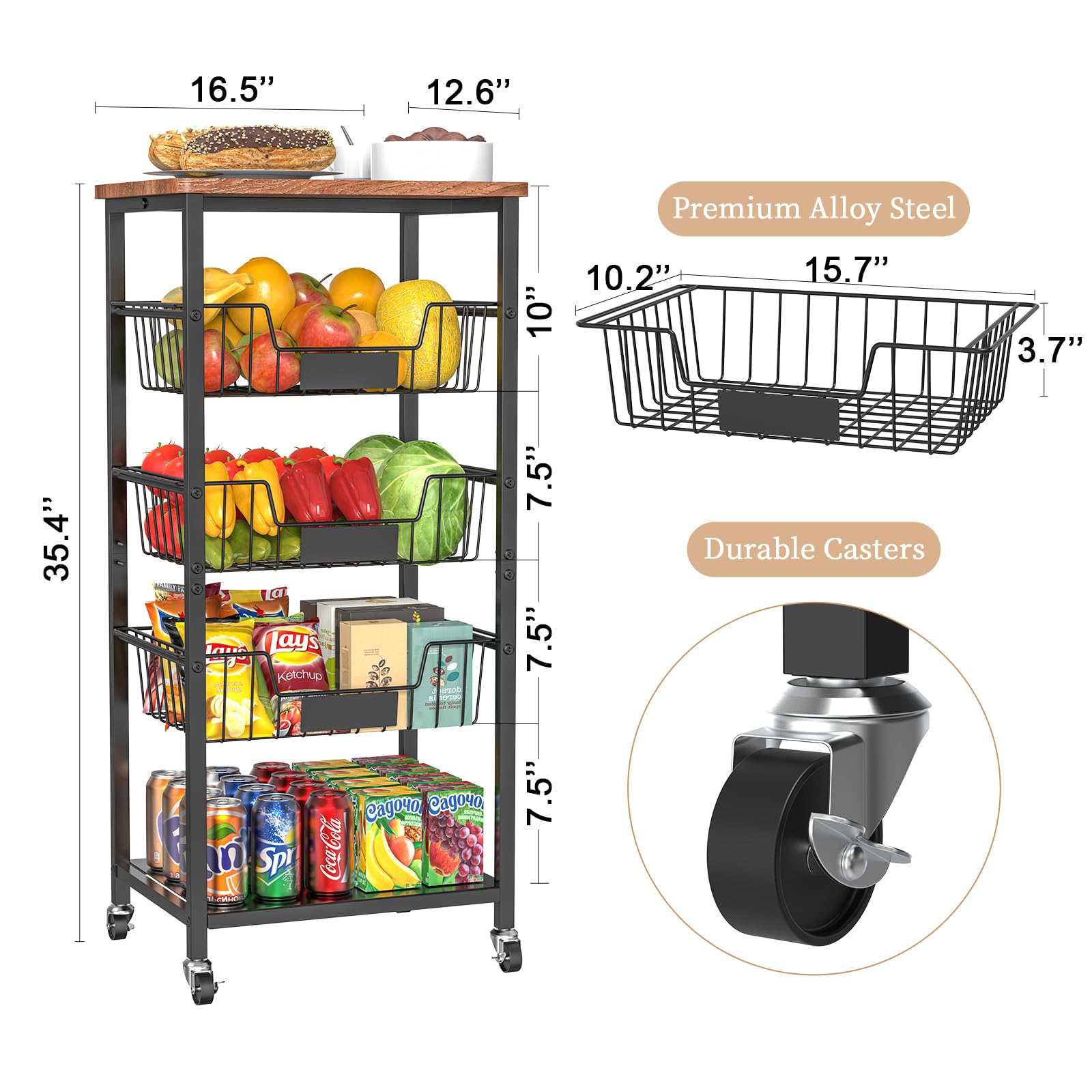 Hastatii kitchen storage cart baskets keep items neatly organized on every tier