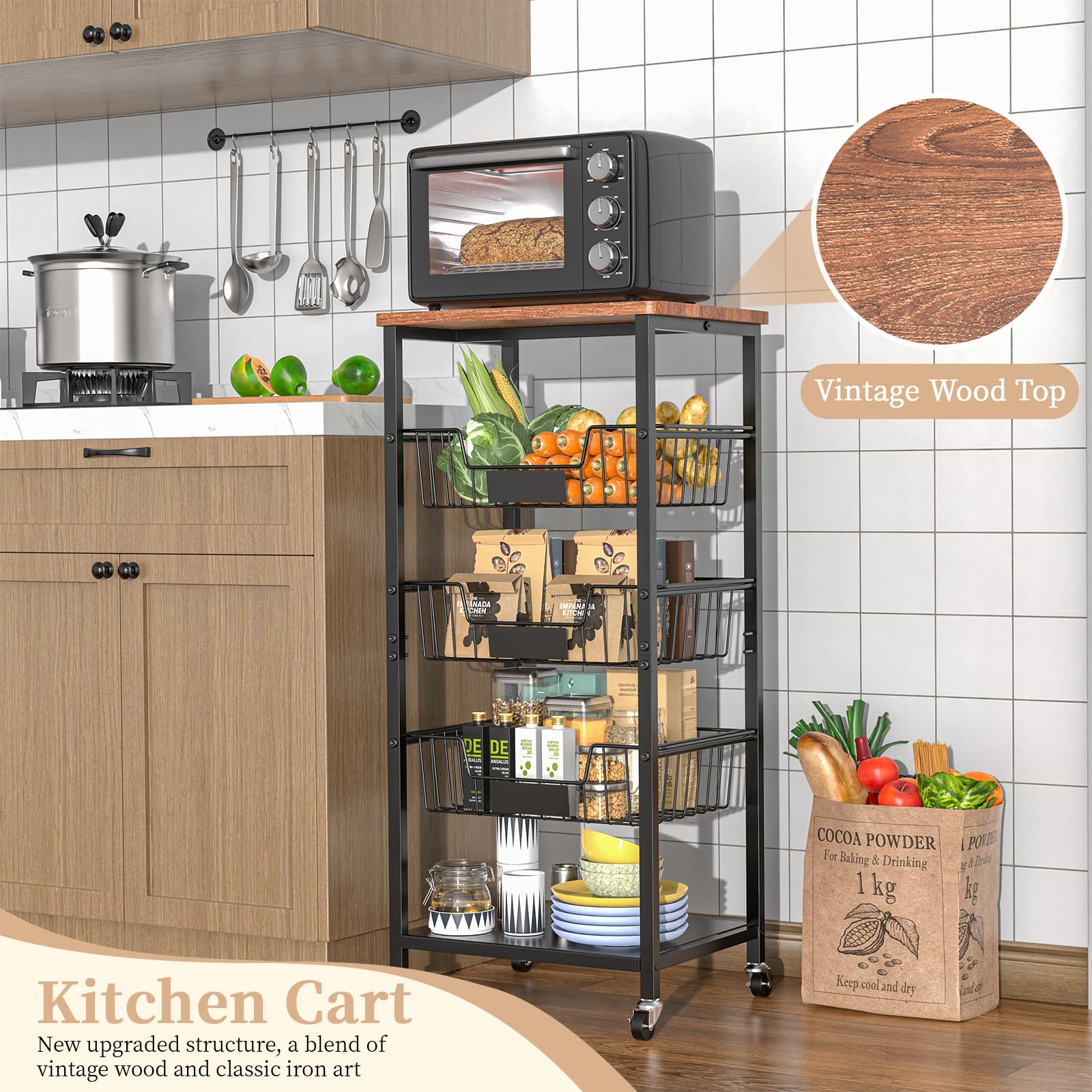 Hastatii kitchen storage cart wheels enable smooth movement between rooms