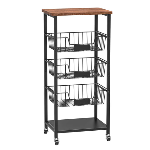 Hastatii kitchen storage cart with wood top used as a prep surface and organizer