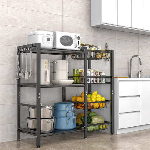 Hastatii steel mesh baskets support air fryer stand and keep bulky items organized.