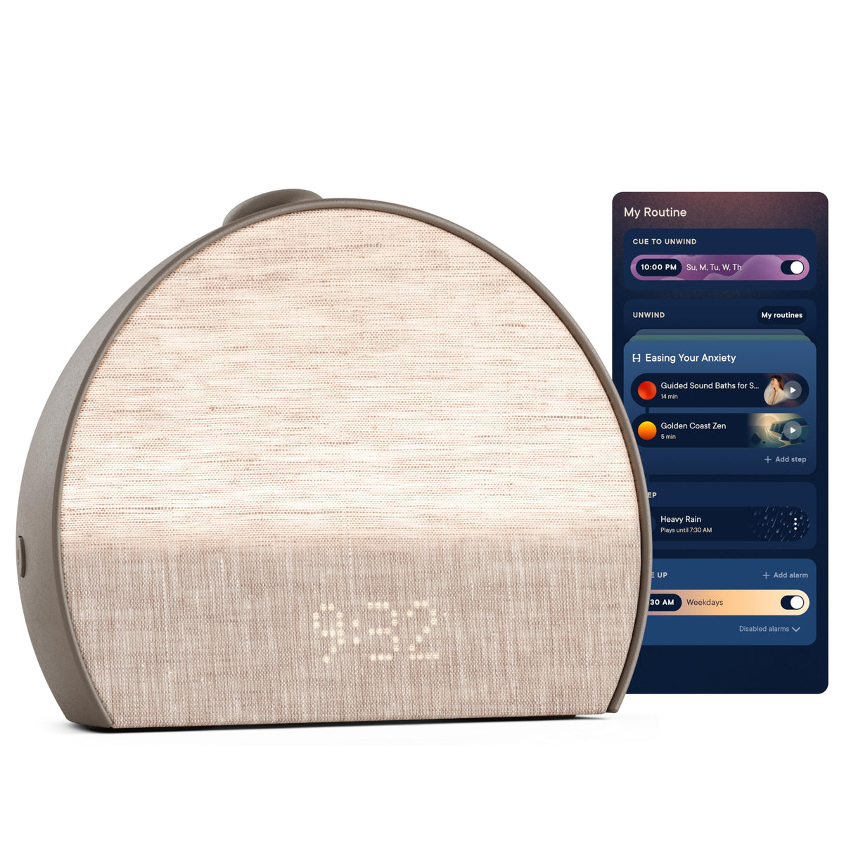 Hatch Restore 3 sunrise-alarm clock shown in cocoa finish, enabling a gentle wake.