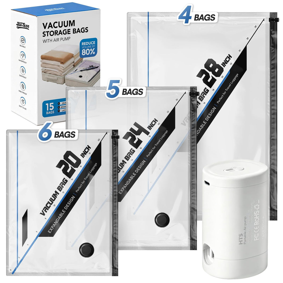 Hatisan vacuum seal bag with pump for organized travel packing.