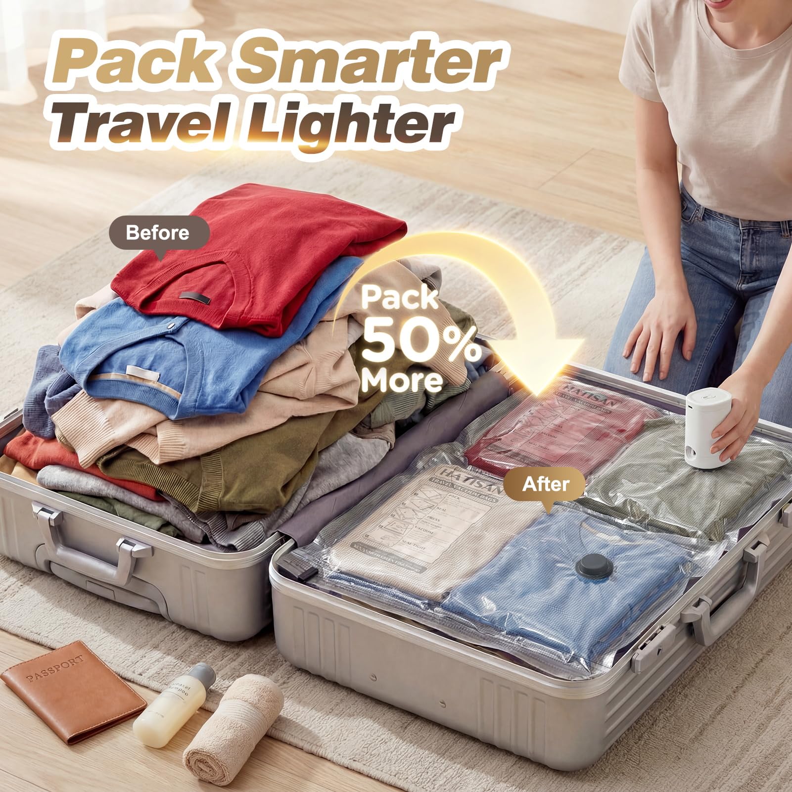 Hatisan vacuum seal bags neatly packed in a suitcase for compact packing.