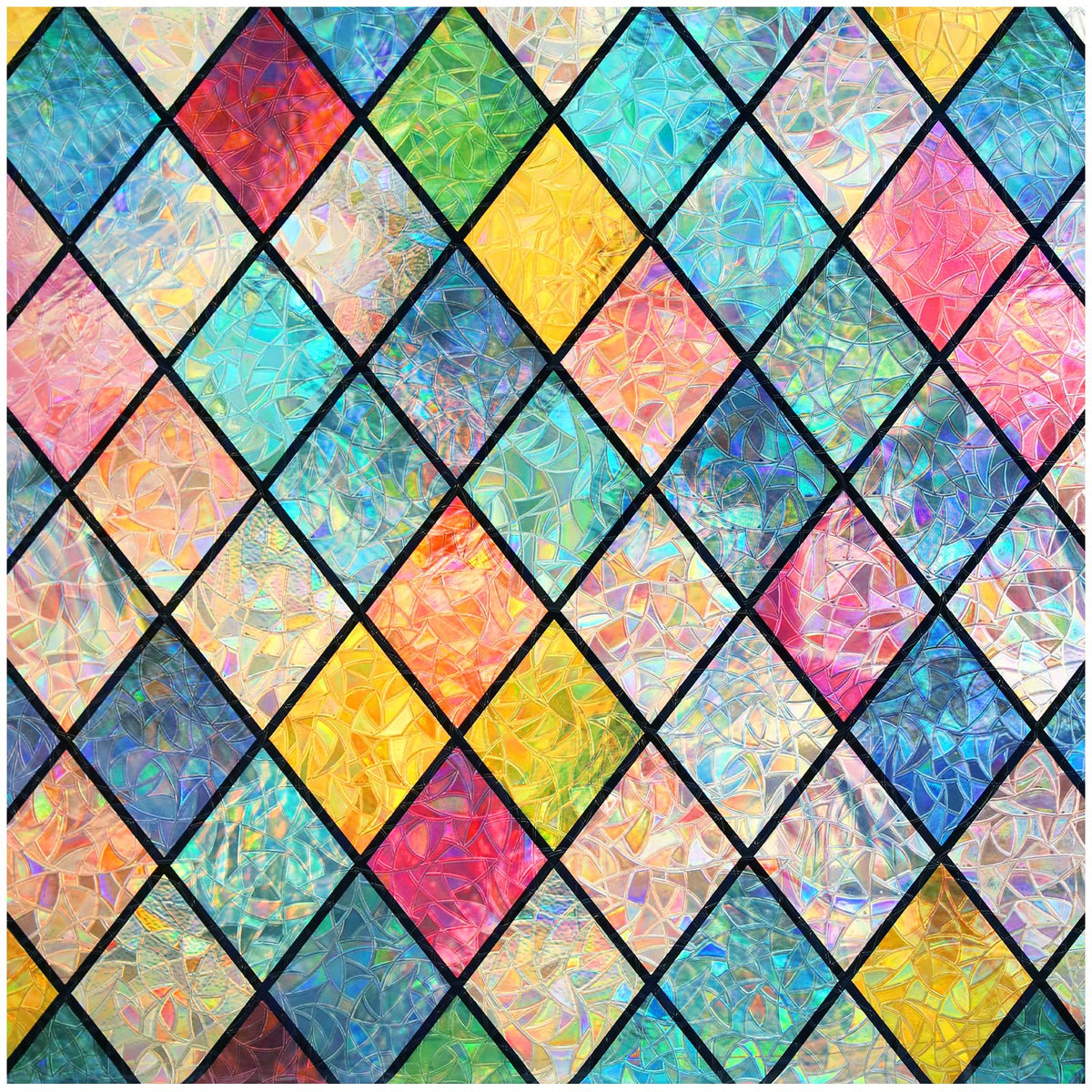 Haton rainbow stained-glass window film lattice pattern casting colorful glow across a room.