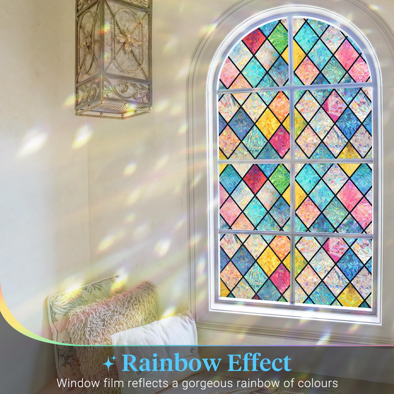 Haton rainbow stained-glass window film lattice in daylight provides privacy and color.