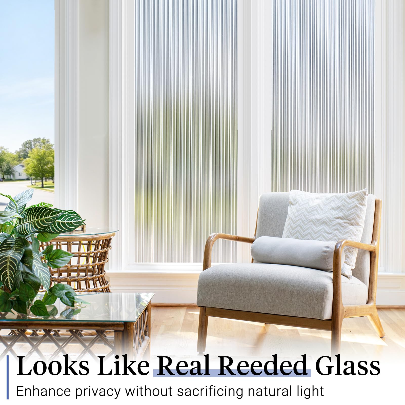 Haton reeded glass window film demonstrates easy static cling installation on clean glass.