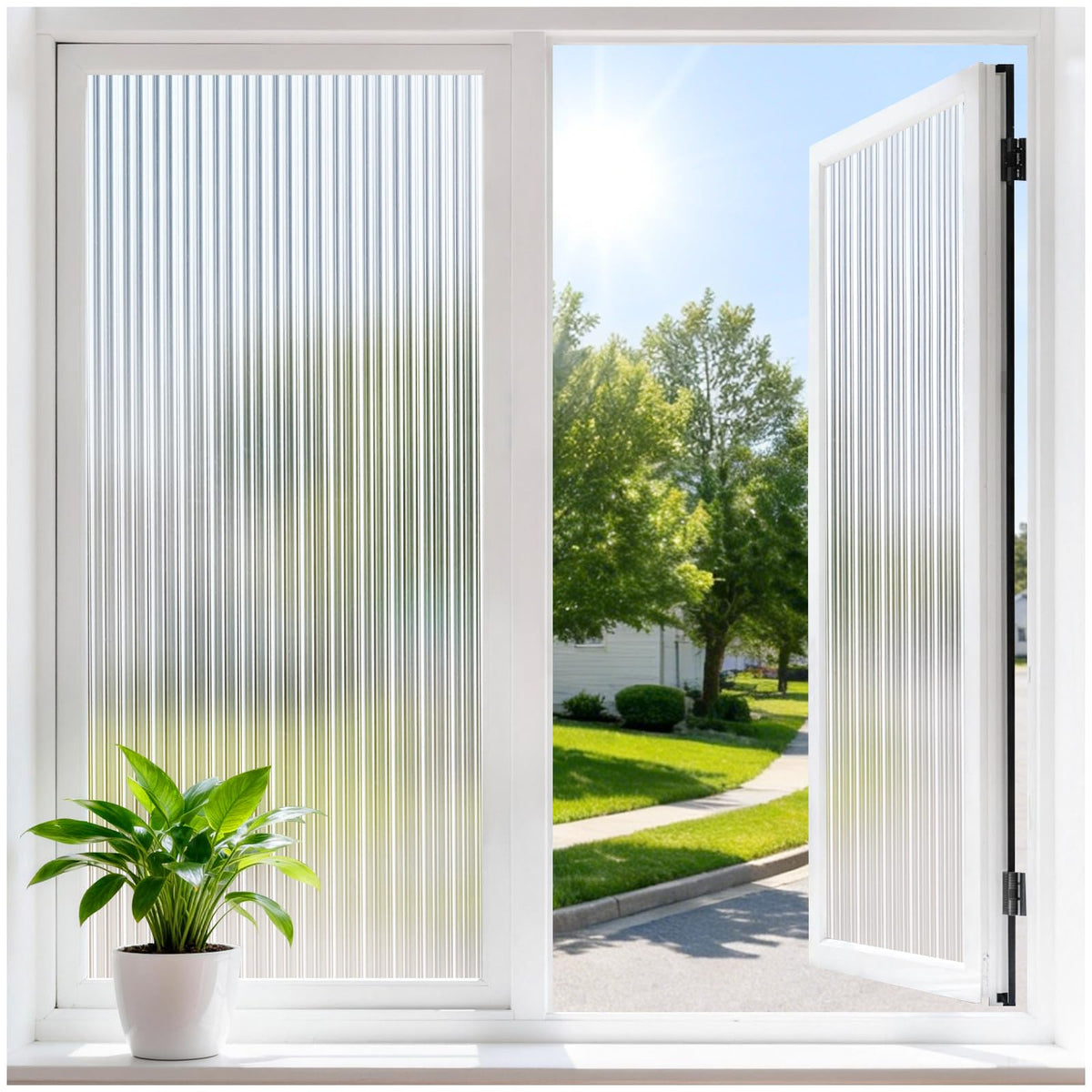 Haton reeded glass window film provides privacy with natural light in bright rooms.