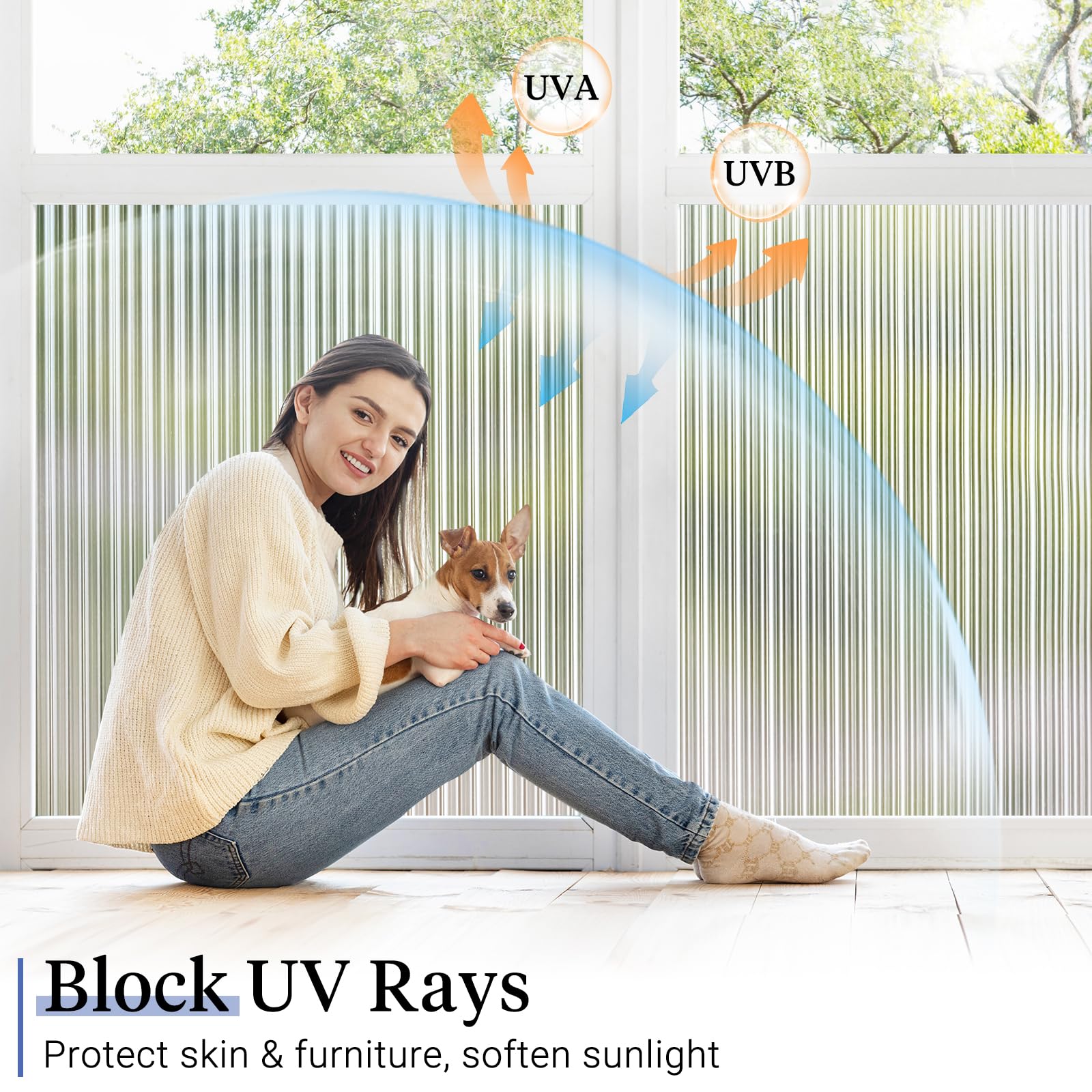 Haton reeded glass window film blocks UV and protects furnishings.