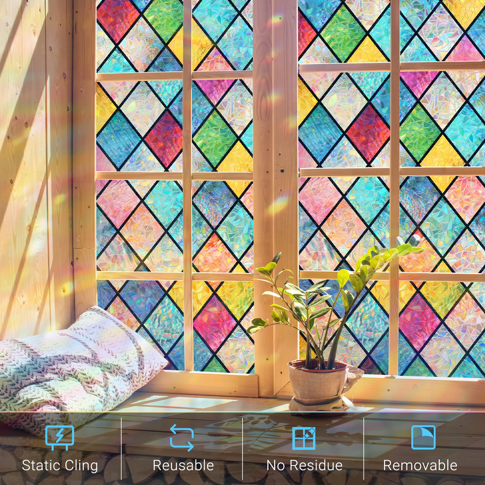 Haton static cling window film showing residue-free removal and reusable design.