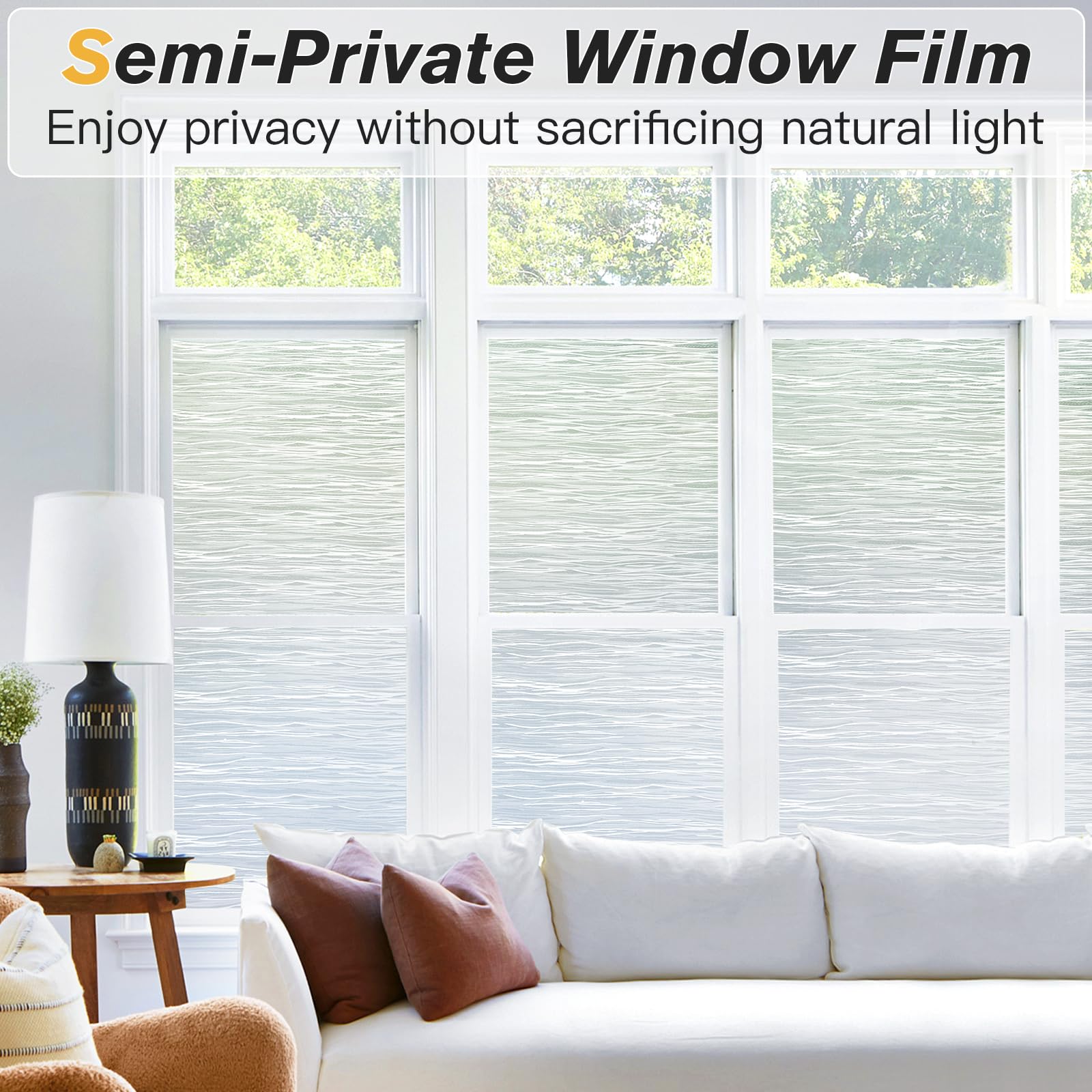 Haton privacy texture frosted film provides semi privacy during day for open, inviting rooms.