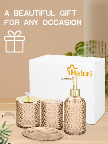 Haturi amber brown collection display showcases the four-piece set