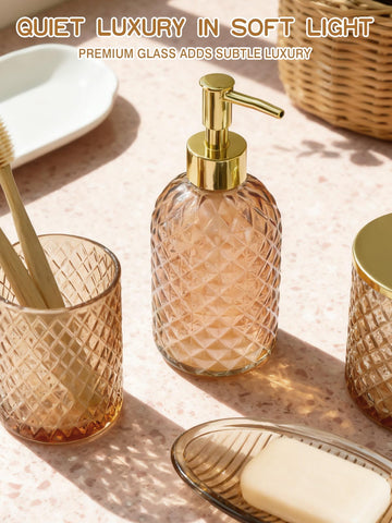 Haturi amber brown qtip holder neatly stores cotton swabs near the sink