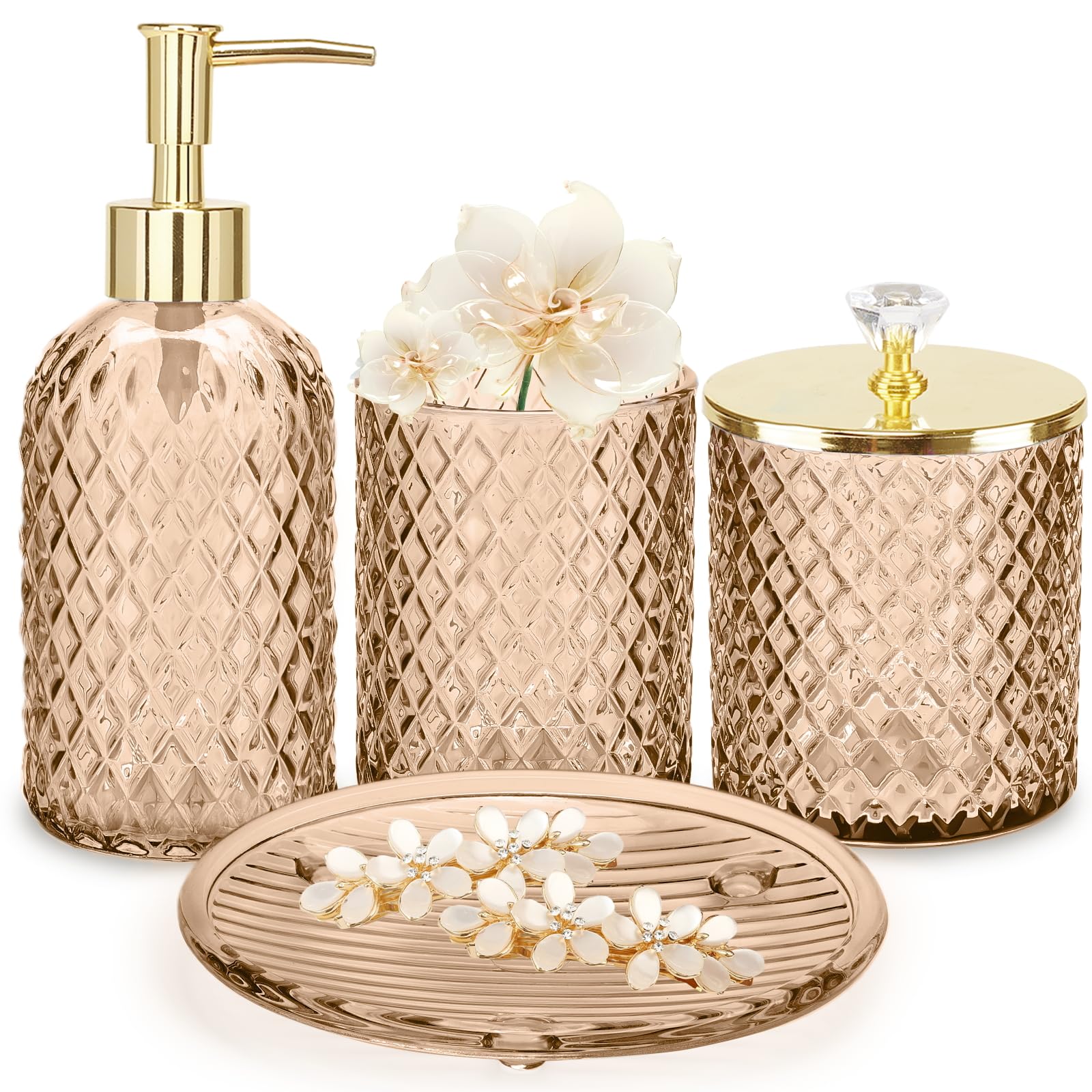 Haturi amber brown soap dispenser on a counter adds warmth and tidy organization