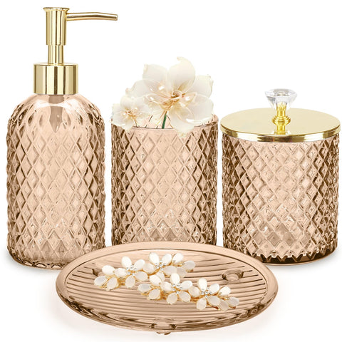 Haturi amber brown soap dispenser on a counter adds warmth and tidy organization