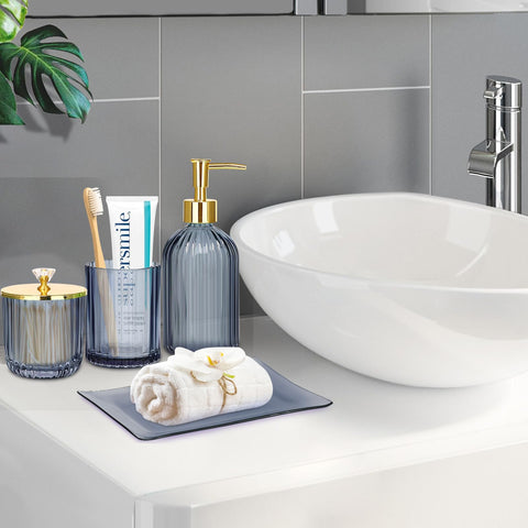 Haturi toothbrush holder in blue glass keeps counters tidy