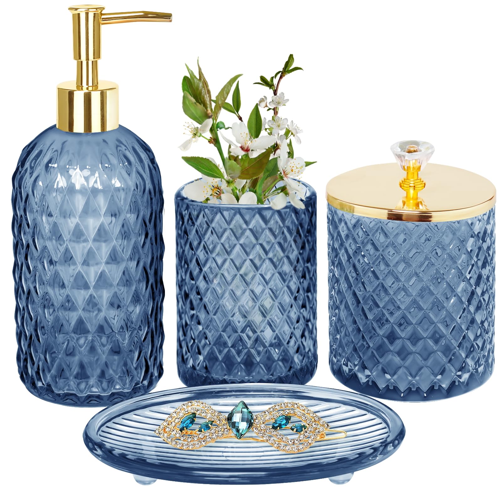 Haturi blue glass bathroom set dispenser adds a sleek, organized touch to your vanity.