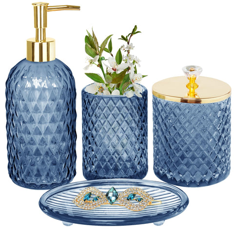 Haturi blue glass bathroom set dispenser adds a sleek, organized touch to your vanity.