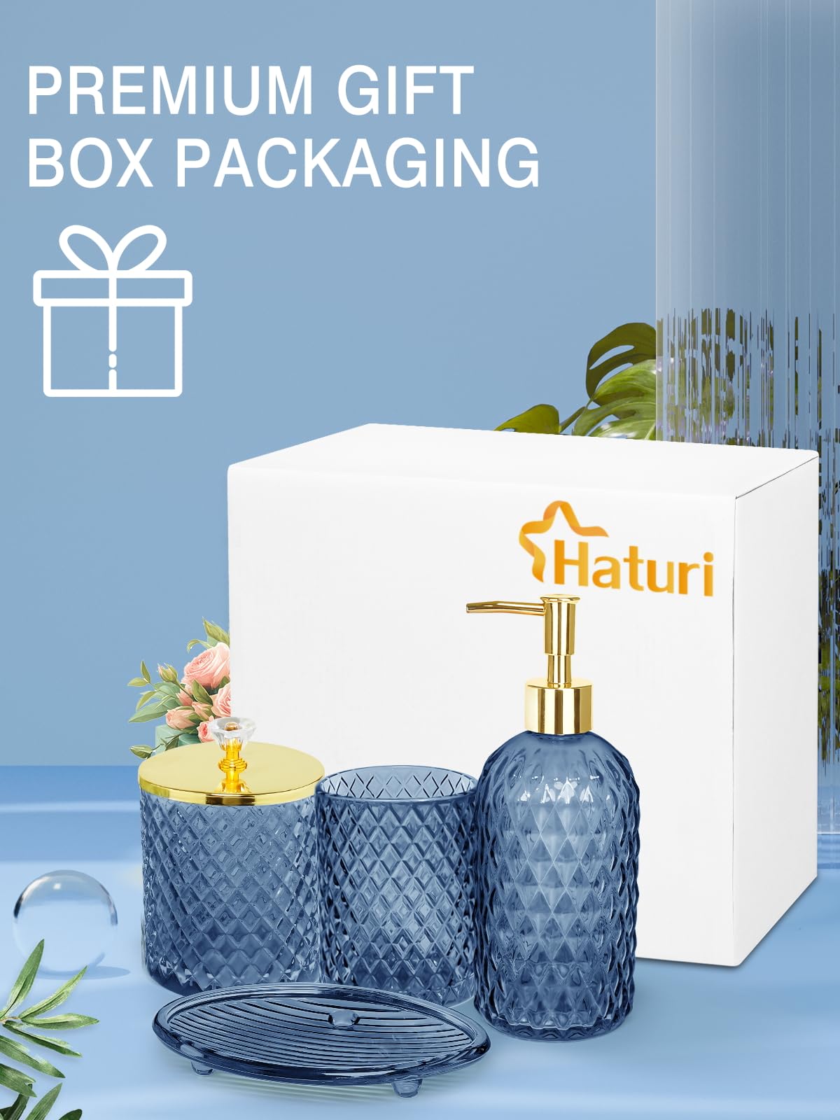 Haturi blue glass bathroom set with gold accents elevates modern decor.