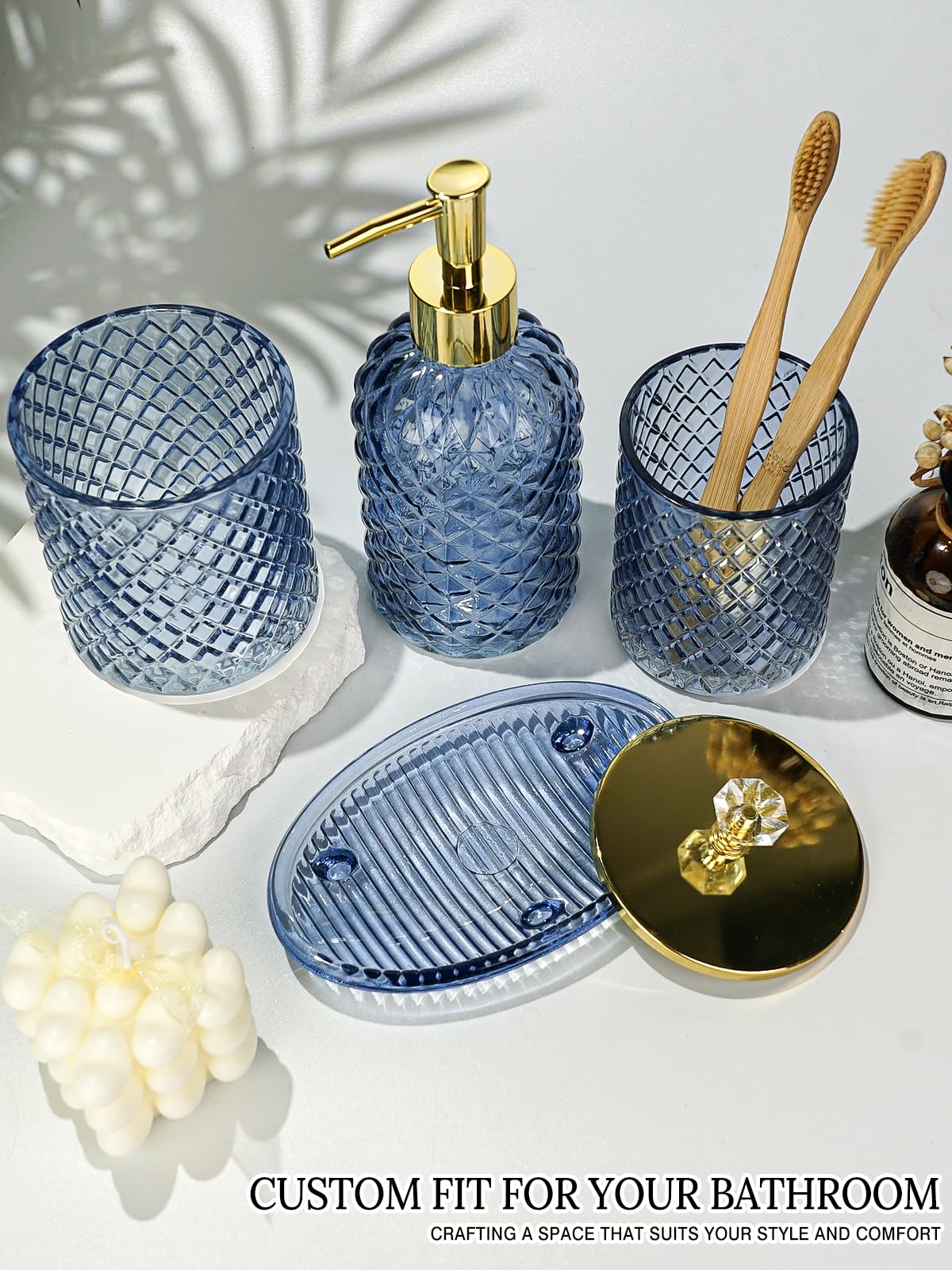 Haturi blue glass bathroom set packaging protects contents during shipping.