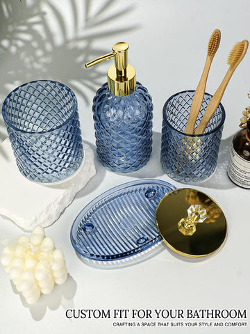 Haturi blue glass bathroom set packaging protects contents during shipping.