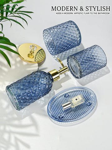 Haturi blue glass soap dish keeps countertops neat and easy to clean.
