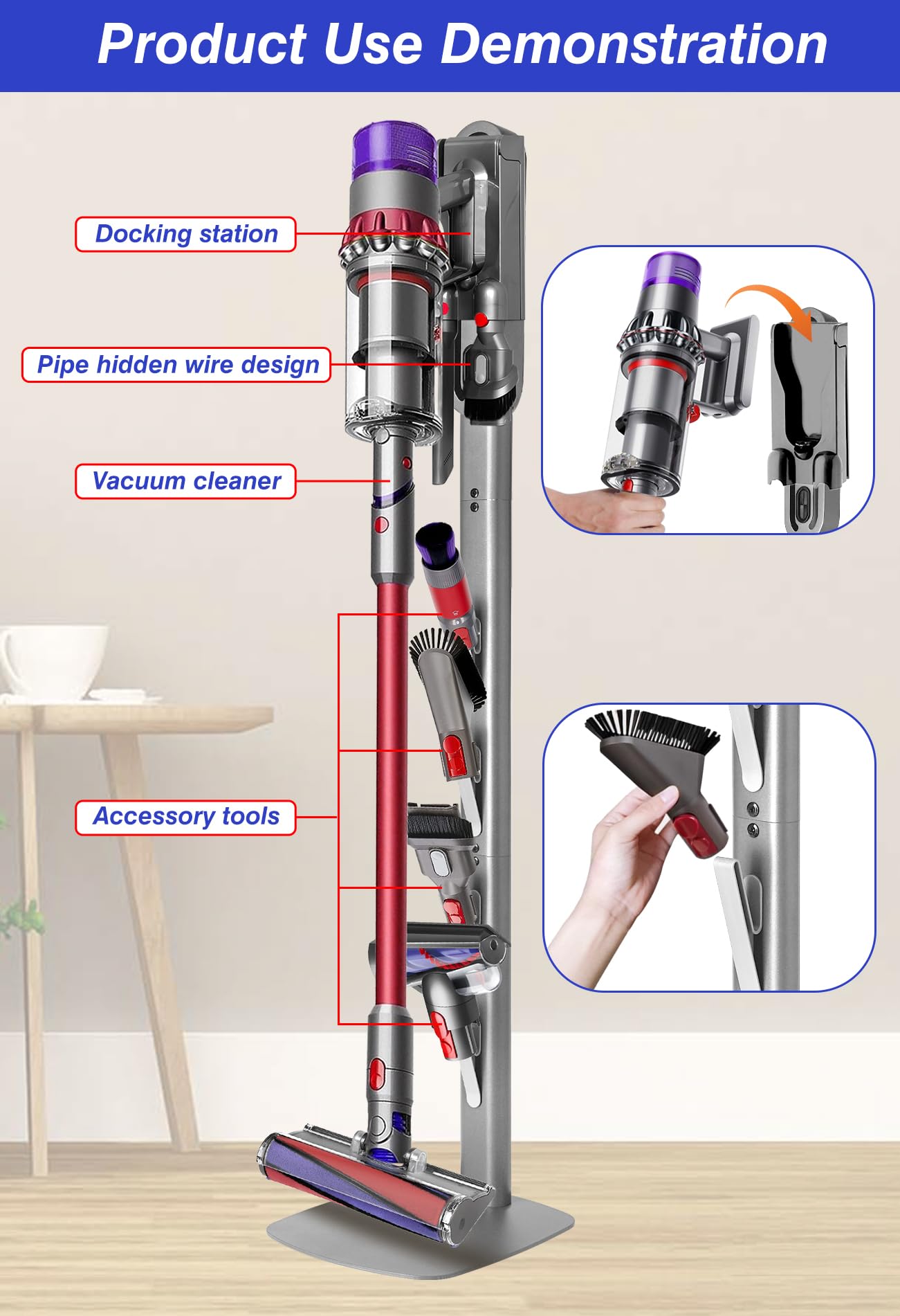 Haturi Dyson Gen5 stand hidden cord design hides cables for a tidy look.