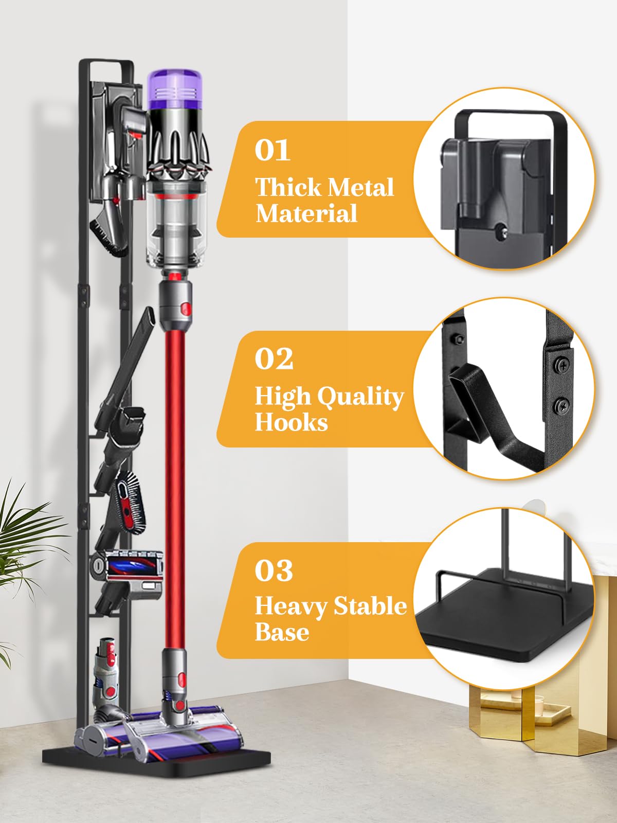 Haturi Dyson stand accessory storage keeps heads and tools organized within reach.