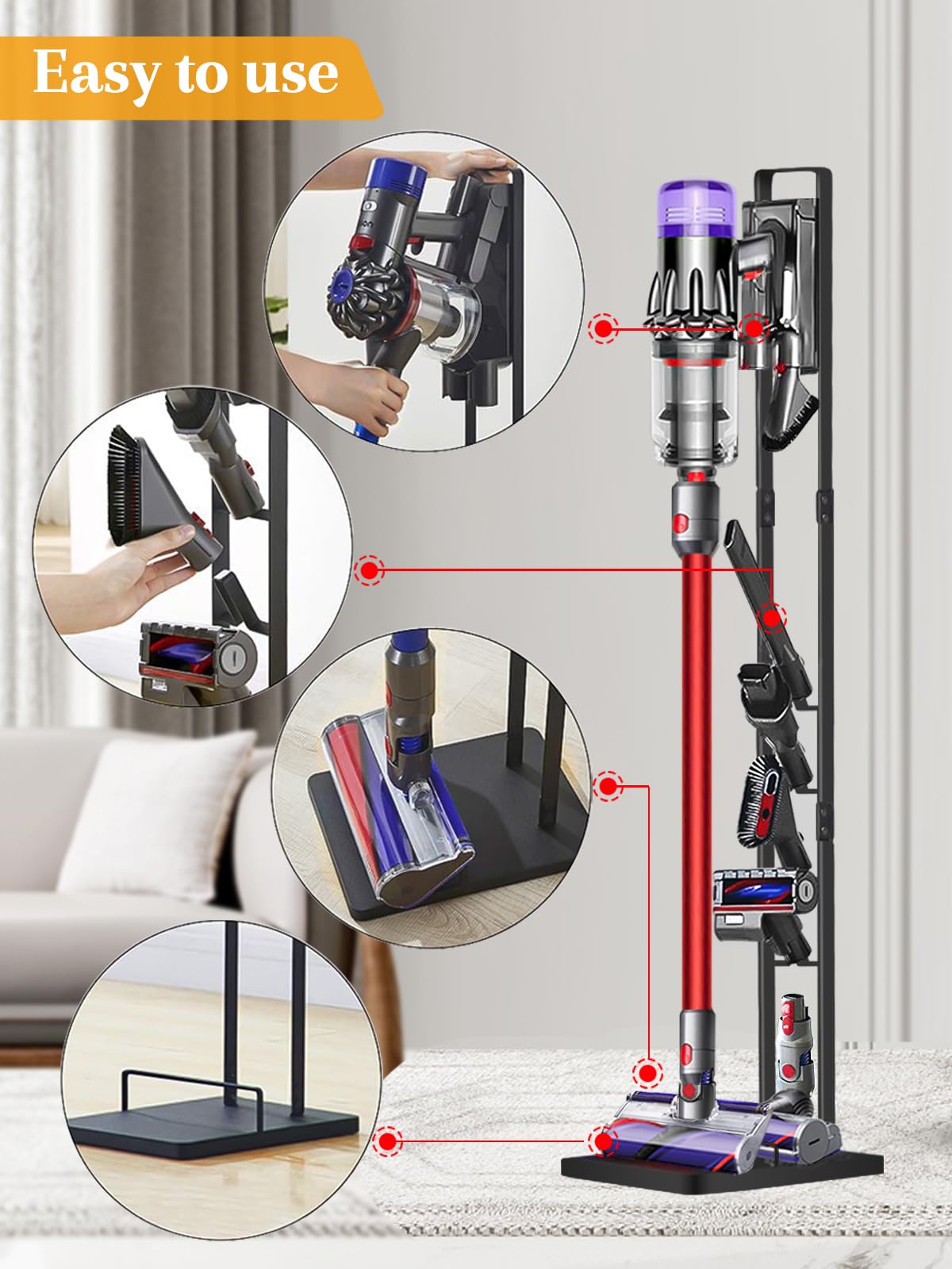 Haturi Dyson stand compact design fits into tight corners without wall mounting.