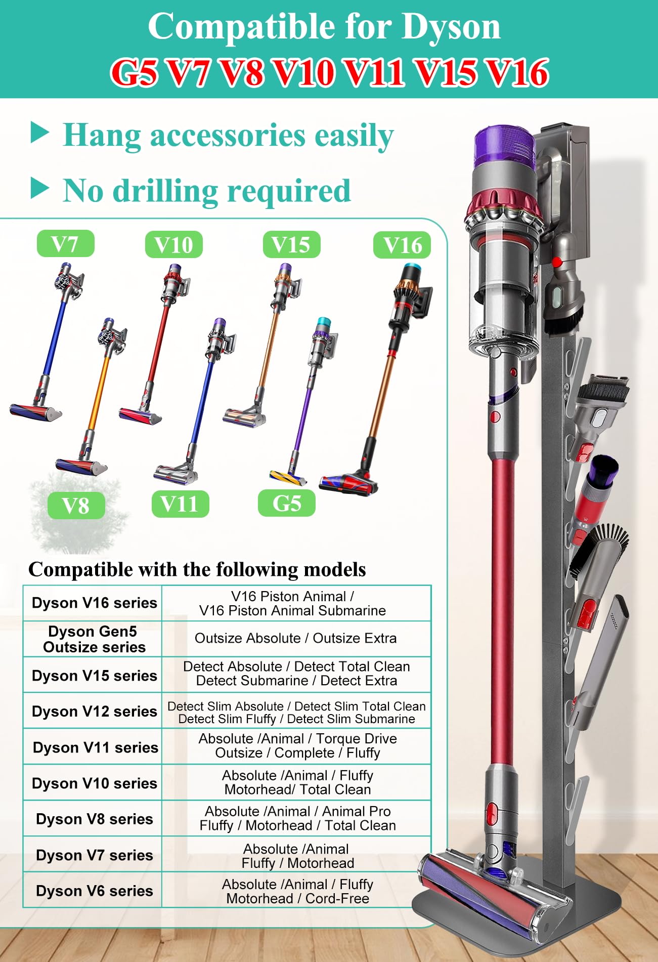 Haturi Dyson stand with side hooks to organize nozzles efficiently.