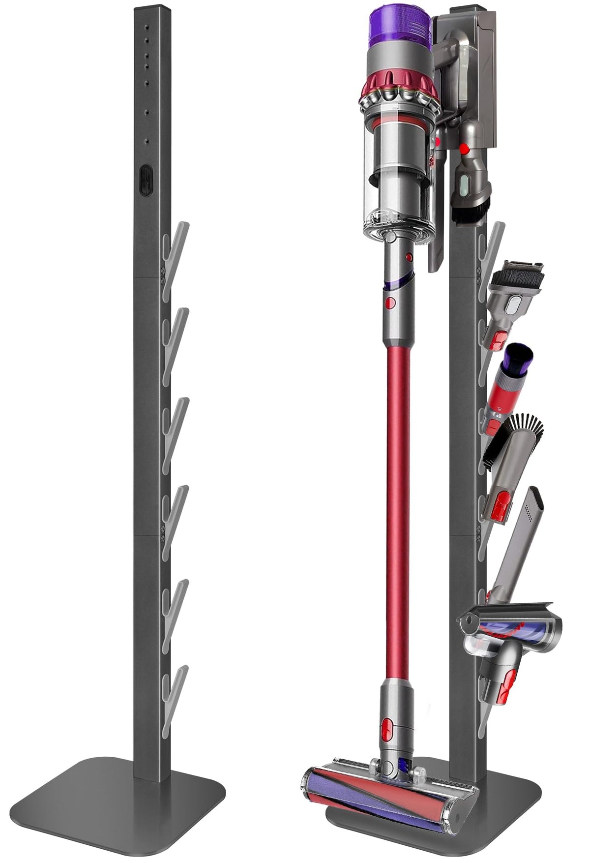 Haturi Dyson vacuum stand side view for neat storage and easy access.