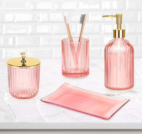 Haturi gift-ready pink glass bathroom set for housewarmings and updates
