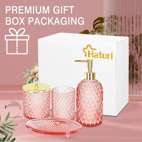 Haturi pink bathroom set displayed on a clean counter for cohesive decor