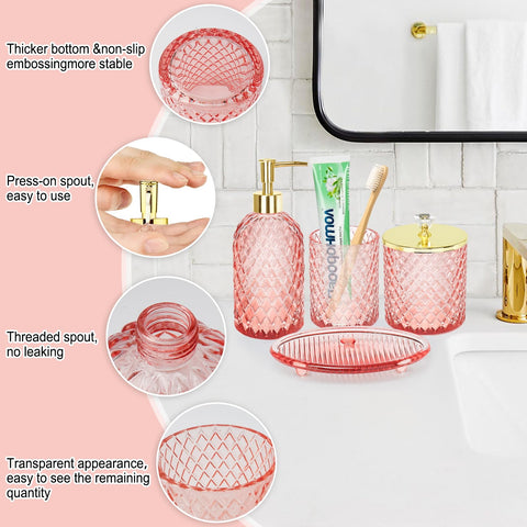 Close view of gold accents on Haturi pink bathroom set
